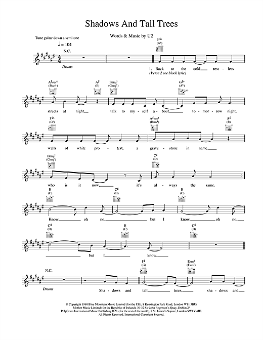 Learn to play U2 Shadows And Tall Trees sheet music for Melody Line, Lyrics & Chords in minutes. U2 Shadows And Tall Trees sheet music notes and chords. Download Printable PDF.