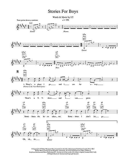 Learn to play U2 Stories For Boys sheet music for Melody Line, Lyrics & Chords in minutes. U2 Stories For Boys sheet music notes and chords. Download Printable PDF.