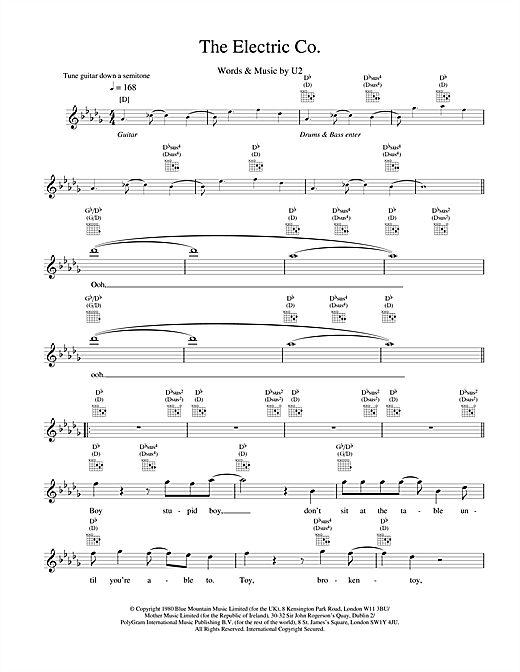 Learn to play U2 The Electric Co. sheet music for Melody Line, Lyrics & Chords in minutes. U2 The Electric Co. sheet music notes and chords. Download Printable PDF.