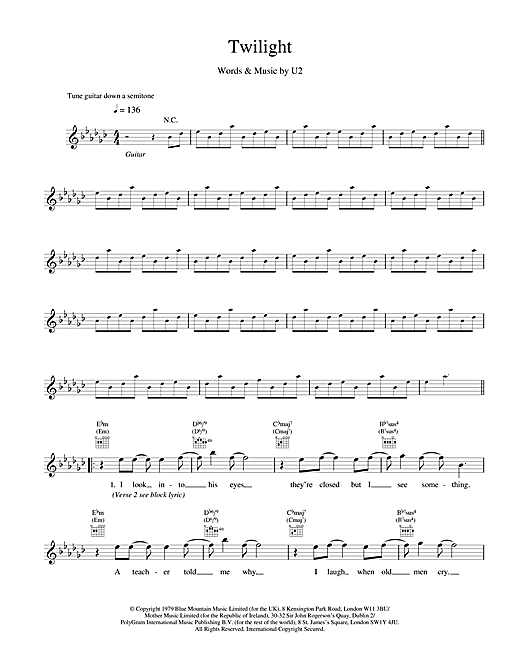 Learn to play U2 Twilight sheet music for Melody Line, Lyrics & Chords in minutes. U2 Twilight sheet music notes and chords. Download Printable PDF.
