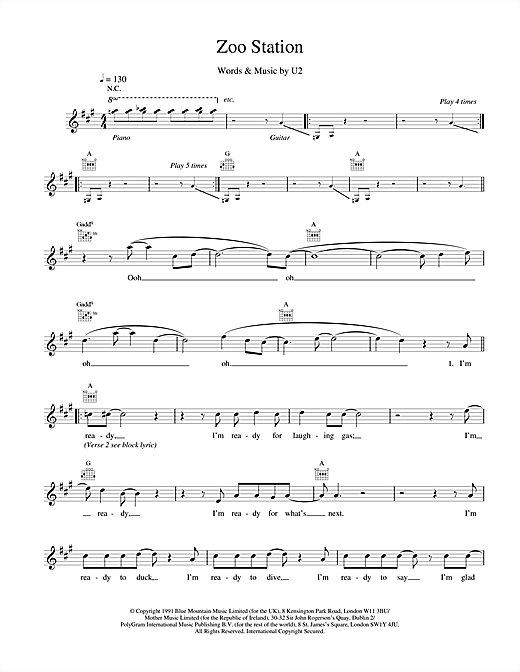 Learn to play U2 Zoo Station sheet music for Melody Line, Lyrics & Chords in minutes. U2 Zoo Station sheet music notes and chords. Download Printable PDF.