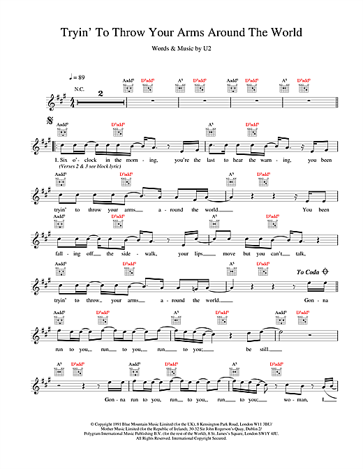Learn to play U2 Tryin' To Throw Your Arms Around The World sheet music for Melody Line, Lyrics & Chords in minutes. U2 Tryin' To Throw Your Arms Around The World sheet music notes and chords. Download Printable PDF.