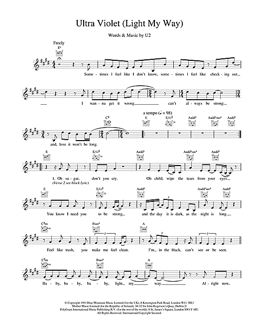 Learn to play U2 Ultra Violet (Light My Way) sheet music for Melody Line, Lyrics & Chords in minutes. U2 Ultra Violet (Light My Way) sheet music notes and chords. Download Printable PDF.