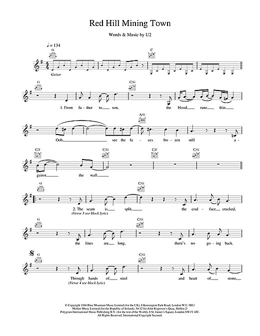 Learn to play U2 Red Hill Mining Town sheet music for Melody Line, Lyrics & Chords in minutes. U2 Red Hill Mining Town sheet music notes and chords. Download Printable PDF.
