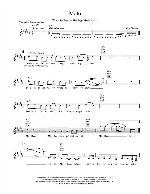 Learn to play U2 Mofo sheet music for Melody Line, Lyrics & Chords in minutes. U2 Mofo sheet music notes and chords. Download Printable PDF.
