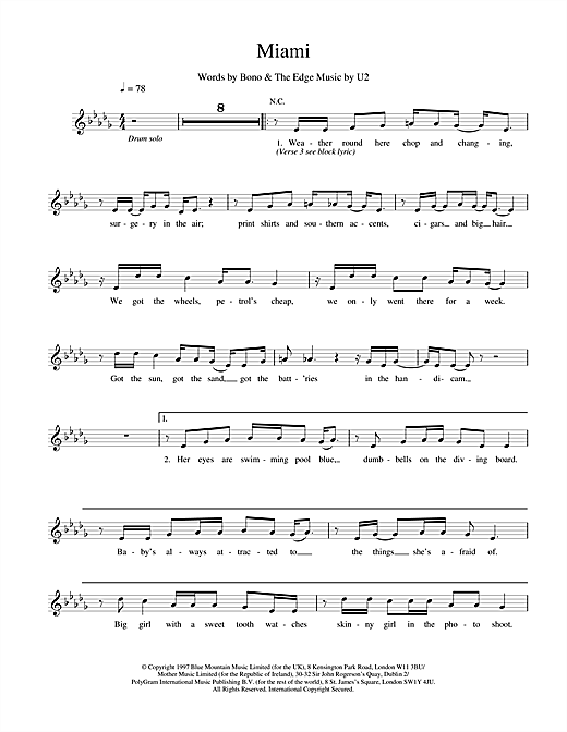 Learn to play U2 Miami sheet music for Melody Line, Lyrics & Chords in minutes. U2 Miami sheet music notes and chords. Download Printable PDF.