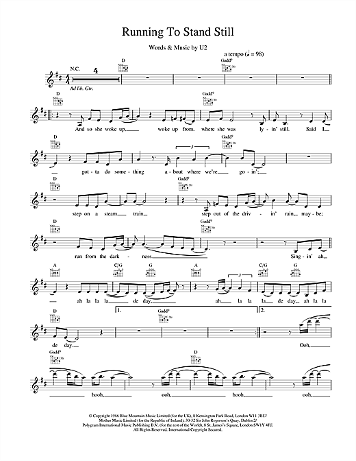 Learn to play U2 Running To Stand Still sheet music for Melody Line, Lyrics & Chords in minutes. U2 Running To Stand Still sheet music notes and chords. Download Printable PDF.