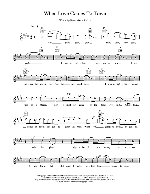 Learn to play U2 When Love Comes To Town sheet music for Melody Line, Lyrics & Chords in minutes. U2 When Love Comes To Town sheet music notes and chords. Download Printable PDF.