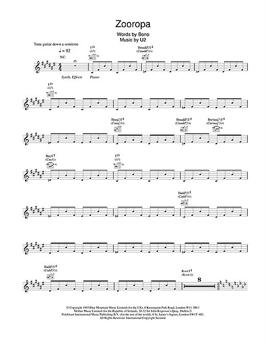 Learn to play U2 Zooropa sheet music for Melody Line, Lyrics & Chords in minutes. U2 Zooropa sheet music notes and chords. Download Printable PDF.
