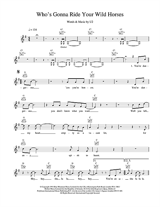 Learn to play U2 Who's Gonna Ride Your Wild Horses sheet music for Melody Line, Lyrics & Chords in minutes. U2 Who's Gonna Ride Your Wild Horses sheet music notes and chords. Download Printable PDF.
