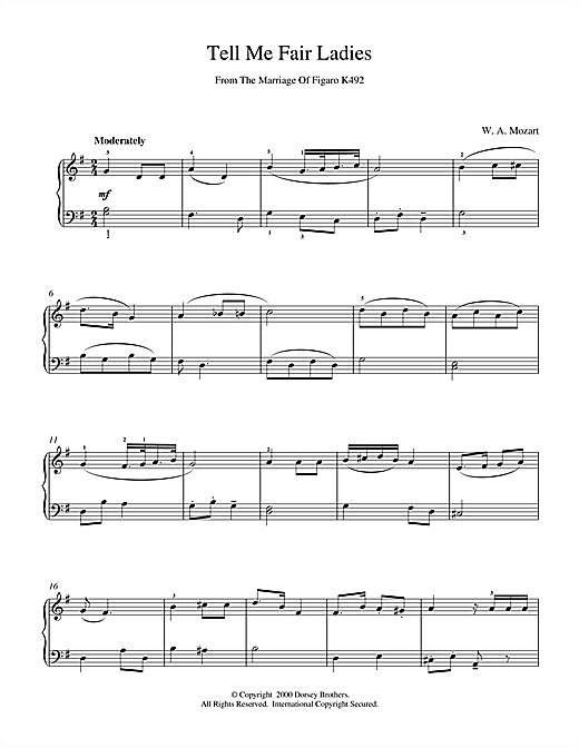 Learn to play Wolfgang Amadeus Mozart Tell Me Fair Ladies sheet music for Piano in minutes. Wolfgang Amadeus Mozart Tell Me Fair Ladies sheet music notes and chords. Download Printable PDF.
