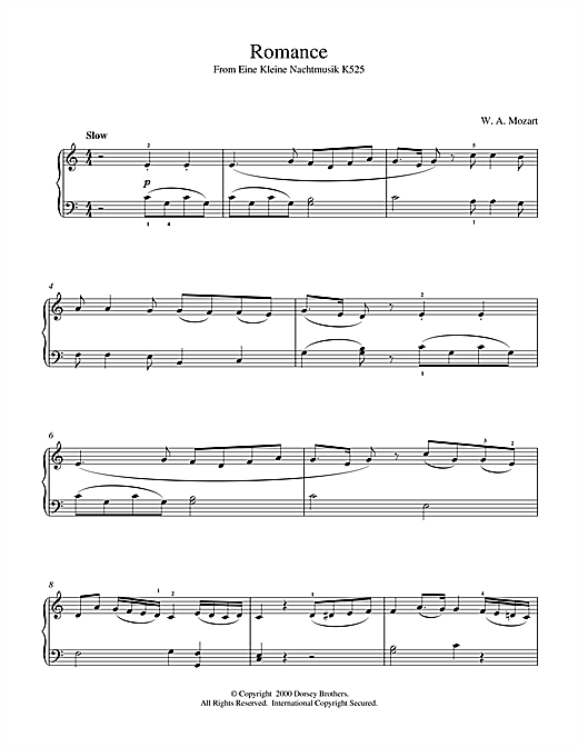 Learn to play Wolfgang Amadeus Mozart Romance From Eine Kleine Nachtmusik K525 sheet music for Piano in minutes. Wolfgang Amadeus Mozart Romance From Eine Kleine Nachtmusik K525 sheet music notes and chords. Download Printable PDF.