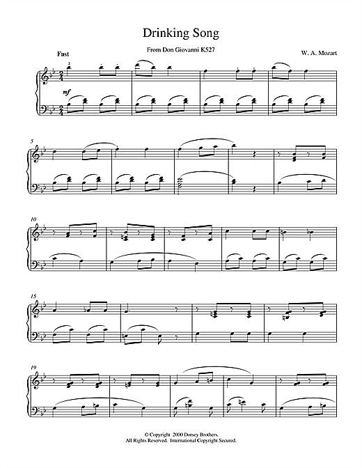 Learn to play Wolfgang Amadeus Mozart Drinking Song From Don Giovanni K527 sheet music for Piano in minutes. Wolfgang Amadeus Mozart Drinking Song From Don Giovanni K527 sheet music notes and chords. Download Printable PDF.