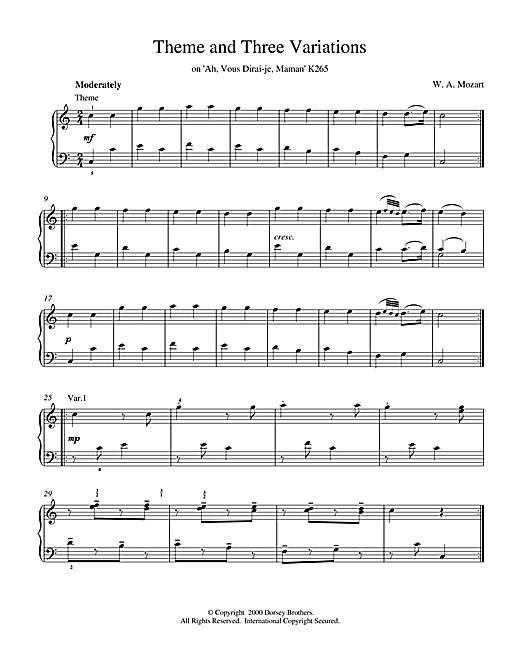 Learn to play Wolfgang Amadeus Mozart Theme and Three Variations on 'Ah, Vous Dirai-je, Maman' K265 sheet music for Piano in minutes. Wolfgang Amadeus Mozart Theme and Three Variations on 'Ah, Vous Dirai-je, Maman' K265 sheet music notes and chords. Download Printable PDF.