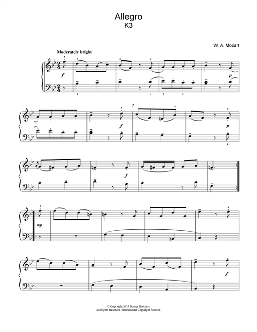 Learn to play Wolfgang Amadeus Mozart Allegro K3 sheet music for Beginner Piano in minutes. Wolfgang Amadeus Mozart Allegro K3 sheet music notes and chords. Download Printable PDF.