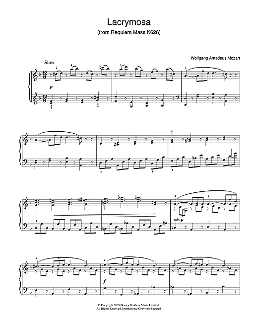 Learn to play Wolfgang Amadeus Mozart Lacrymosa from Requiem Mass sheet music for Piano in minutes. Wolfgang Amadeus Mozart Lacrymosa from Requiem Mass sheet music notes and chords. Download Printable PDF.