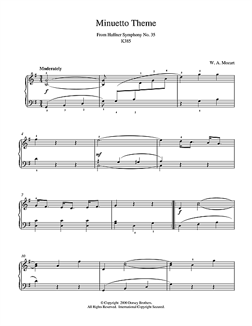 Learn to play Wolfgang Amadeus Mozart Minuetto Theme From Haffner Symphony No. 35 K385 sheet music for Piano in minutes. Wolfgang Amadeus Mozart Minuetto Theme From Haffner Symphony No. 35 K385 sheet music notes and chords. Download Printable PDF.