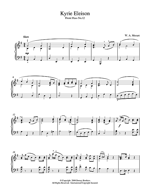 Learn to play Wolfgang Amadeus Mozart Kyrie Eleison From Mass No.12 sheet music for Piano in minutes. Wolfgang Amadeus Mozart Kyrie Eleison From Mass No.12 sheet music notes and chords. Download Printable PDF.
