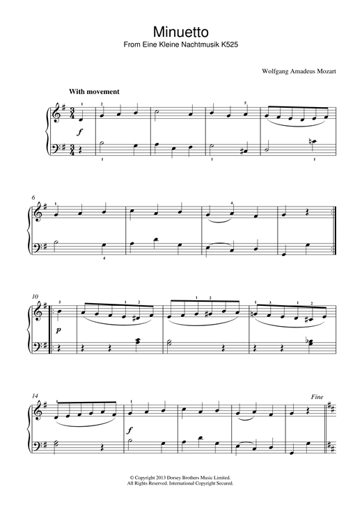 Learn to play Wolfgang Amadeus Mozart Minuetto from Eine Kleine Nachtmusik K525 sheet music for Piano in minutes. Wolfgang Amadeus Mozart Minuetto from Eine Kleine Nachtmusik K525 sheet music notes and chords. Download Printable PDF.