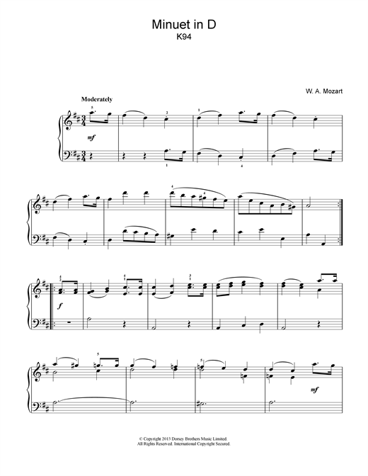 Learn to play Wolfgang Amadeus Mozart Minuet in D K94 sheet music for Piano in minutes. Wolfgang Amadeus Mozart Minuet in D K94 sheet music notes and chords. Download Printable PDF.