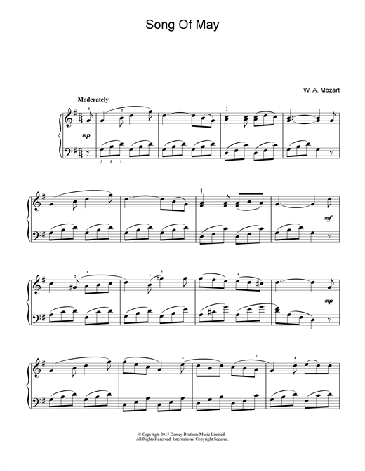 Learn to play Wolfgang Amadeus Mozart Song Of May sheet music for Piano in minutes. Wolfgang Amadeus Mozart Song Of May sheet music notes and chords. Download Printable PDF.