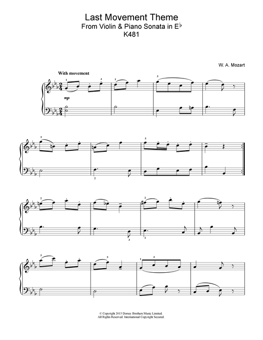Learn to play Wolfgang Amadeus Mozart Last Movement Theme from Violin & Piano Sonata in Eb, K481 sheet music for Piano in minutes. Wolfgang Amadeus Mozart Last Movement Theme from Violin & Piano Sonata in Eb, K481 sheet music notes and chords. Download Printable PDF.