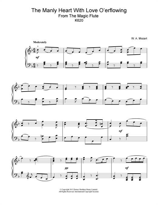 Learn to play Wolfgang Amadeus Mozart The Manly Heart With Love O'erflowing (from The Magic Flute, K620) sheet music for Piano in minutes. Wolfgang Amadeus Mozart The Manly Heart With Love O'erflowing (from The Magic Flute, K620) sheet music notes and chords. Download Printable PDF.