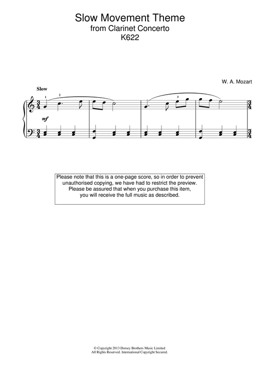 Learn to play Wolfgang Amadeus Mozart Slow Movement Theme (from Clarinet Concerto K622) sheet music for Piano in minutes. Wolfgang Amadeus Mozart Slow Movement Theme (from Clarinet Concerto K622) sheet music notes and chords. Download Printable PDF.