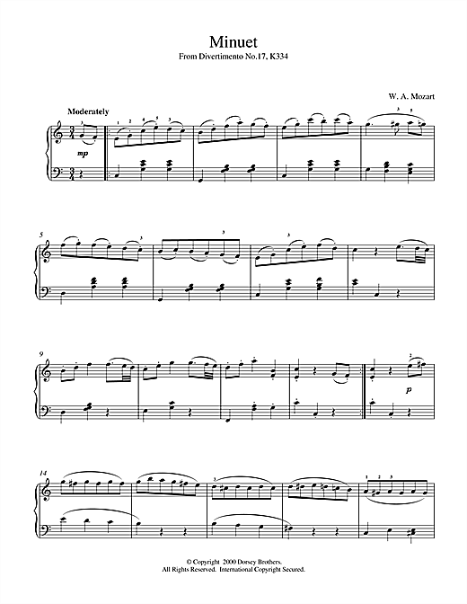 Learn to play Wolfgang Amadeus Mozart Minuet from Divertimento No.17, K334 sheet music for Piano in minutes. Wolfgang Amadeus Mozart Minuet from Divertimento No.17, K334 sheet music notes and chords. Download Printable PDF.