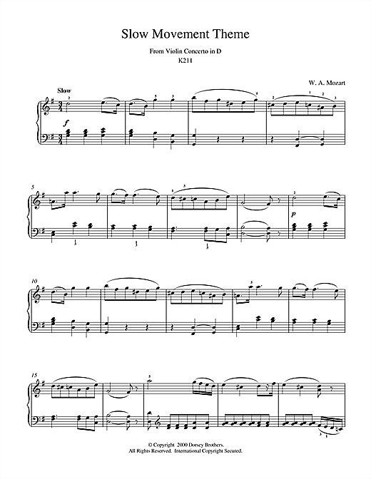 Learn to play Wolfgang Amadeus Mozart Slow Movement Theme from Violin Concerto in D sheet music for Piano in minutes. Wolfgang Amadeus Mozart Slow Movement Theme from Violin Concerto in D sheet music notes and chords. Download Printable PDF.