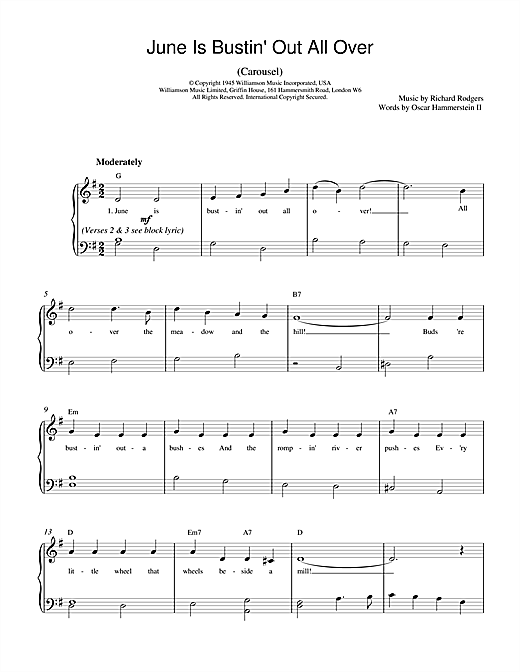 Learn to play Rodgers & Hammerstein June Is Bustin' Out All Over (from Carousel) sheet music for Piano in minutes. Rodgers & Hammerstein June Is Bustin' Out All Over (from Carousel) sheet music notes and chords. Download Printable PDF.