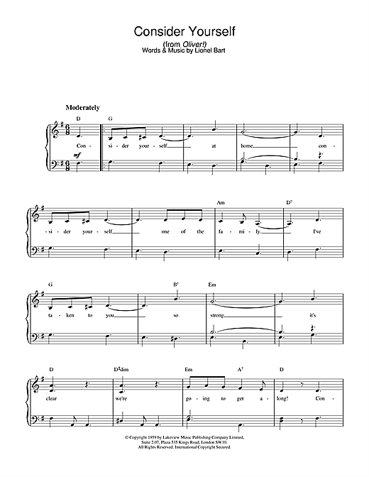 Learn to play Lionel Bart Consider Yourself (from Oliver!) sheet music for Piano in minutes. Lionel Bart Consider Yourself (from Oliver!) sheet music notes and chords. Download Printable PDF.