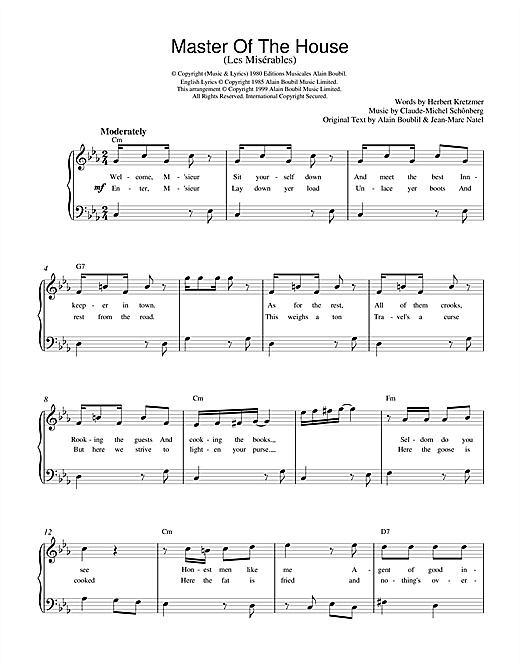 Learn to play Boublil and Schonberg Master Of The House (from Les Miserables) sheet music for Piano in minutes. Boublil and Schonberg Master Of The House (from Les Miserables) sheet music notes and chords. Download Printable PDF.