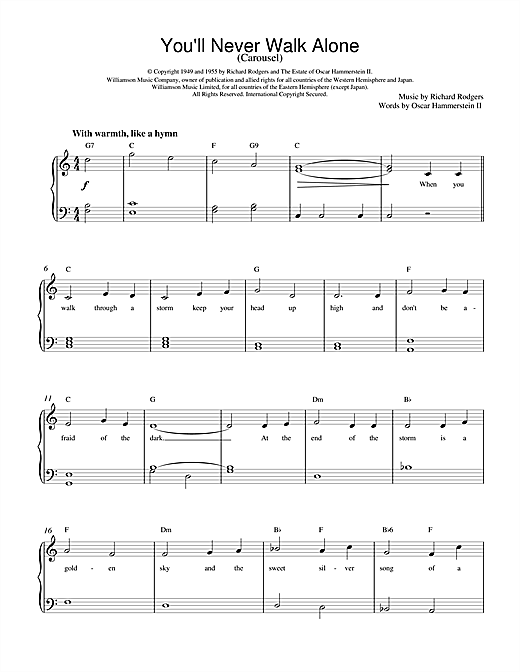 Learn to play Rodgers & Hammerstein You'll Never Walk Alone (from Carousel) sheet music for Easy Piano in minutes. Rodgers & Hammerstein You'll Never Walk Alone (from Carousel) sheet music notes and chords. Download Printable PDF.