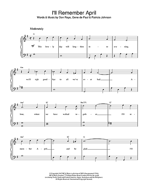 Learn to play Frank Sinatra I'll Remember April sheet music for Piano in minutes. Frank Sinatra I'll Remember April sheet music notes and chords. Download Printable PDF.