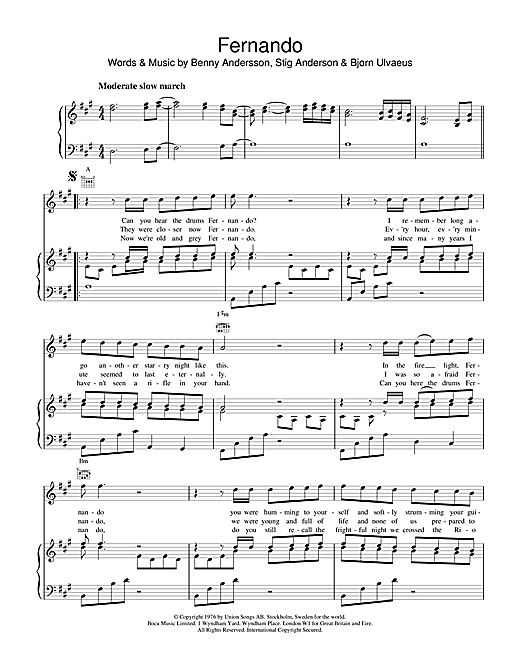 Learn to play ABBA Fernando sheet music for Piano, Vocal & Guitar (Right-Hand Melody) in minutes. ABBA Fernando sheet music notes and chords. Download Printable PDF.
