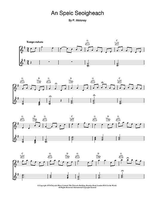 Learn to play The Chieftains An Speic Seoigheach sheet music for Piano, Vocal & Guitar (Right-Hand Melody) in minutes. The Chieftains An Speic Seoigheach sheet music notes and chords. Download Printable PDF.
