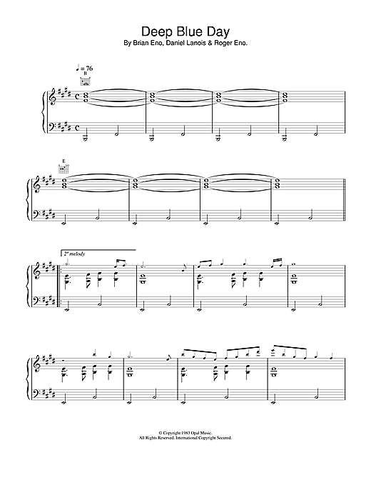 Learn to play Brian Eno Deep Blue Day sheet music for Piano, Vocal & Guitar (Right-Hand Melody) in minutes. Brian Eno Deep Blue Day sheet music notes and chords. Download Printable PDF.