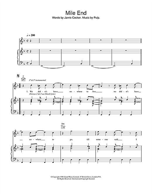 Learn to play Pulp Mile End sheet music for Piano, Vocal & Guitar (Right-Hand Melody) in minutes. Pulp Mile End sheet music notes and chords. Download Printable PDF.