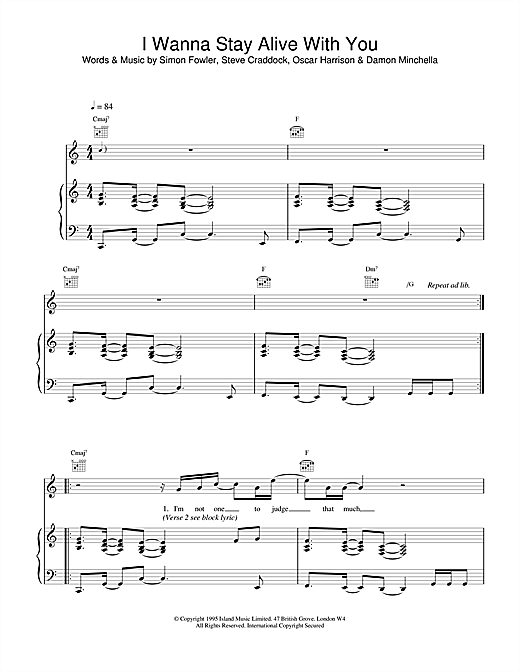 Learn to play Ocean Colour Scene I Wanna Stay Alive With You sheet music for Piano, Vocal & Guitar in minutes. Ocean Colour Scene I Wanna Stay Alive With You sheet music notes and chords. Download Printable PDF.
