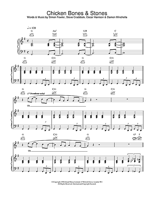 Learn to play Ocean Colour Scene Chicken Bones & Stones sheet music for Piano, Vocal & Guitar in minutes. Ocean Colour Scene Chicken Bones & Stones sheet music notes and chords. Download Printable PDF.