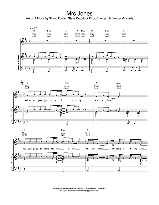 Learn to play Ocean Colour Scene Mrs Jones sheet music for Piano, Vocal & Guitar (Right-Hand Melody) in minutes. Ocean Colour Scene Mrs Jones sheet music notes and chords. Download Printable PDF.