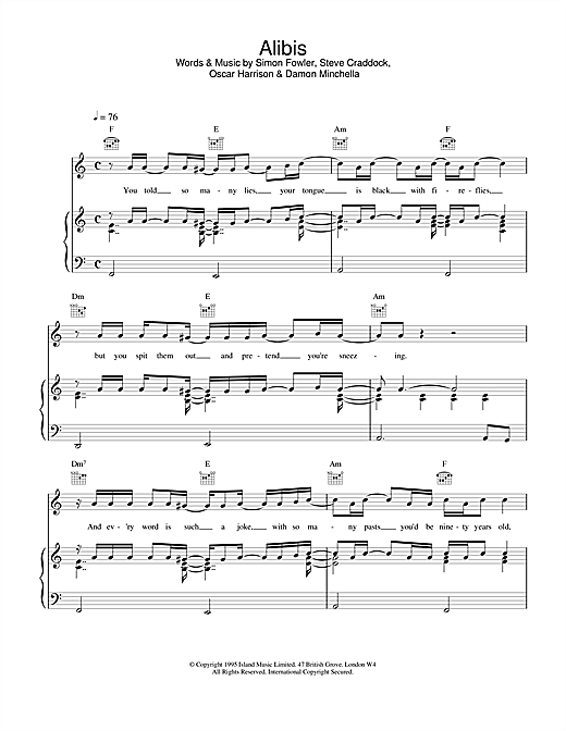 Learn to play Ocean Colour Scene Alibis sheet music for Piano, Vocal & Guitar (Right-Hand Melody) in minutes. Ocean Colour Scene Alibis sheet music notes and chords. Download Printable PDF.