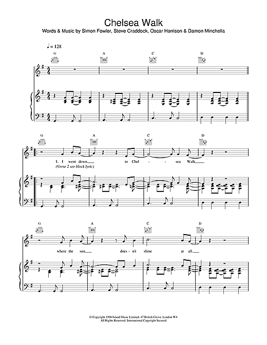 Learn to play Ocean Colour Scene Chelsea Walk sheet music for Piano, Vocal & Guitar (Right-Hand Melody) in minutes. Ocean Colour Scene Chelsea Walk sheet music notes and chords. Download Printable PDF.