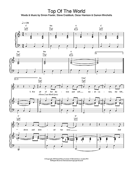 Learn to play Ocean Colour Scene Top Of The World sheet music for Piano, Vocal & Guitar (Right-Hand Melody) in minutes. Ocean Colour Scene Top Of The World sheet music notes and chords. Download Printable PDF.