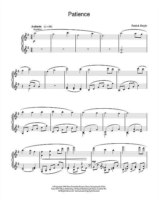 Learn to play Patrick Doyle Patience (from Sense And Sensibility) sheet music for Piano in minutes. Patrick Doyle Patience (from Sense And Sensibility) sheet music notes and chords. Download Printable PDF.