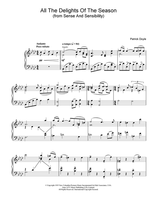 Learn to play Patrick Doyle All The Delights Of The Season (from Sense And Sensibility) sheet music for Piano in minutes. Patrick Doyle All The Delights Of The Season (from Sense And Sensibility) sheet music notes and chords. Download Printable PDF.