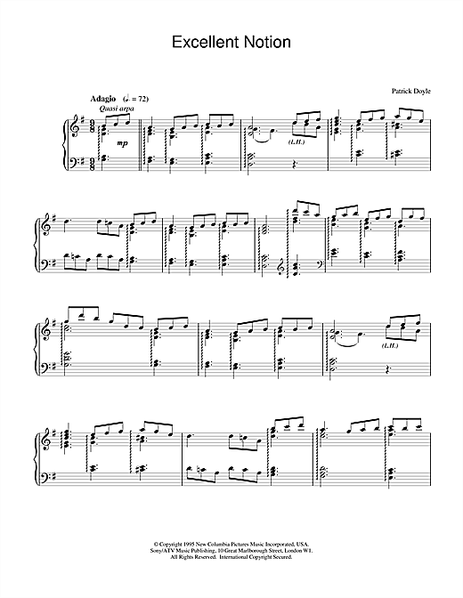 Learn to play Patrick Doyle Excellent Notion sheet music for Piano in minutes. Patrick Doyle Excellent Notion sheet music notes and chords. Download Printable PDF.