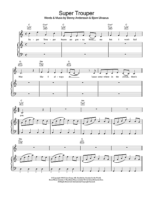 Learn to play ABBA Super Trouper sheet music for Piano, Vocal & Guitar in minutes. ABBA Super Trouper sheet music notes and chords. Download Printable PDF.