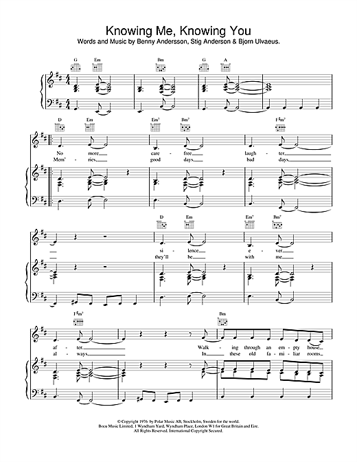 Learn to play ABBA Knowing Me, Knowing You sheet music for Piano, Vocal & Guitar (Right-Hand Melody) in minutes. ABBA Knowing Me, Knowing You sheet music notes and chords. Download Printable PDF.